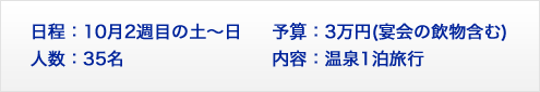 日程：10月2週目の土～日
人数：35名予算：3万円(宴会の飲物含む)
内容：温泉1泊旅行